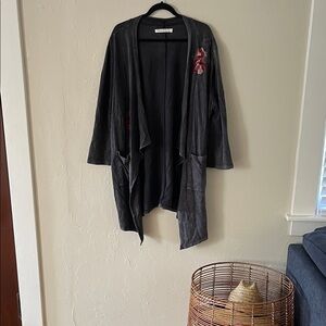 Gray Cardigan Duster Floral Embroidery Longline Cotton Spring